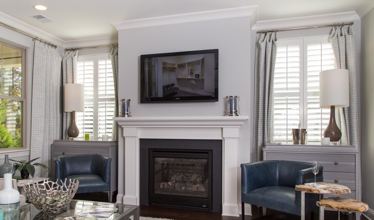 Seattle fireplace with white shutters.